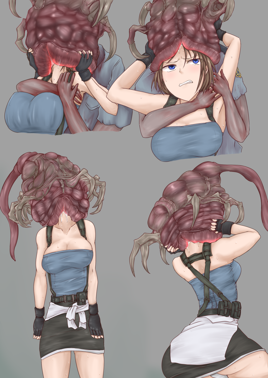 1girls blue_eyes blue_shirt breasts brown_hair capcom cleavage clenched_teeth clothing female gloves jill_valentine mind_control ne-α_type parasite possession resident_evil resident_evil_3 resident_evil_3_remake shirt short_hair skirt wintermute_(artist)