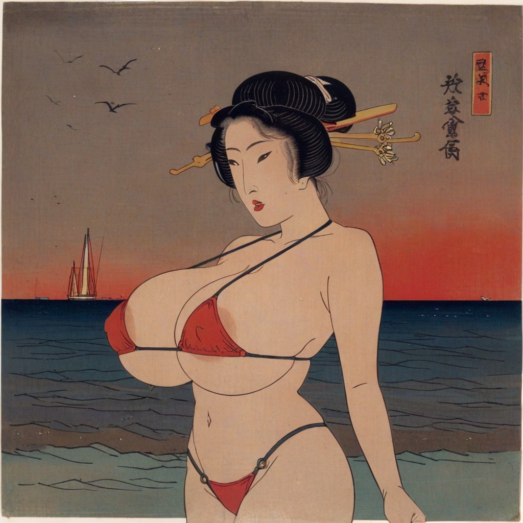 ai_generated areola_slip areolae_slip boat borita covered_nipples cowboy_shot erect_nipples female hair_ornament hair_stick keisai_eisen_(style) lipstick micro_bikini navel ocean red_bikini red_lips red_lipstick sea ship ukiyo-e