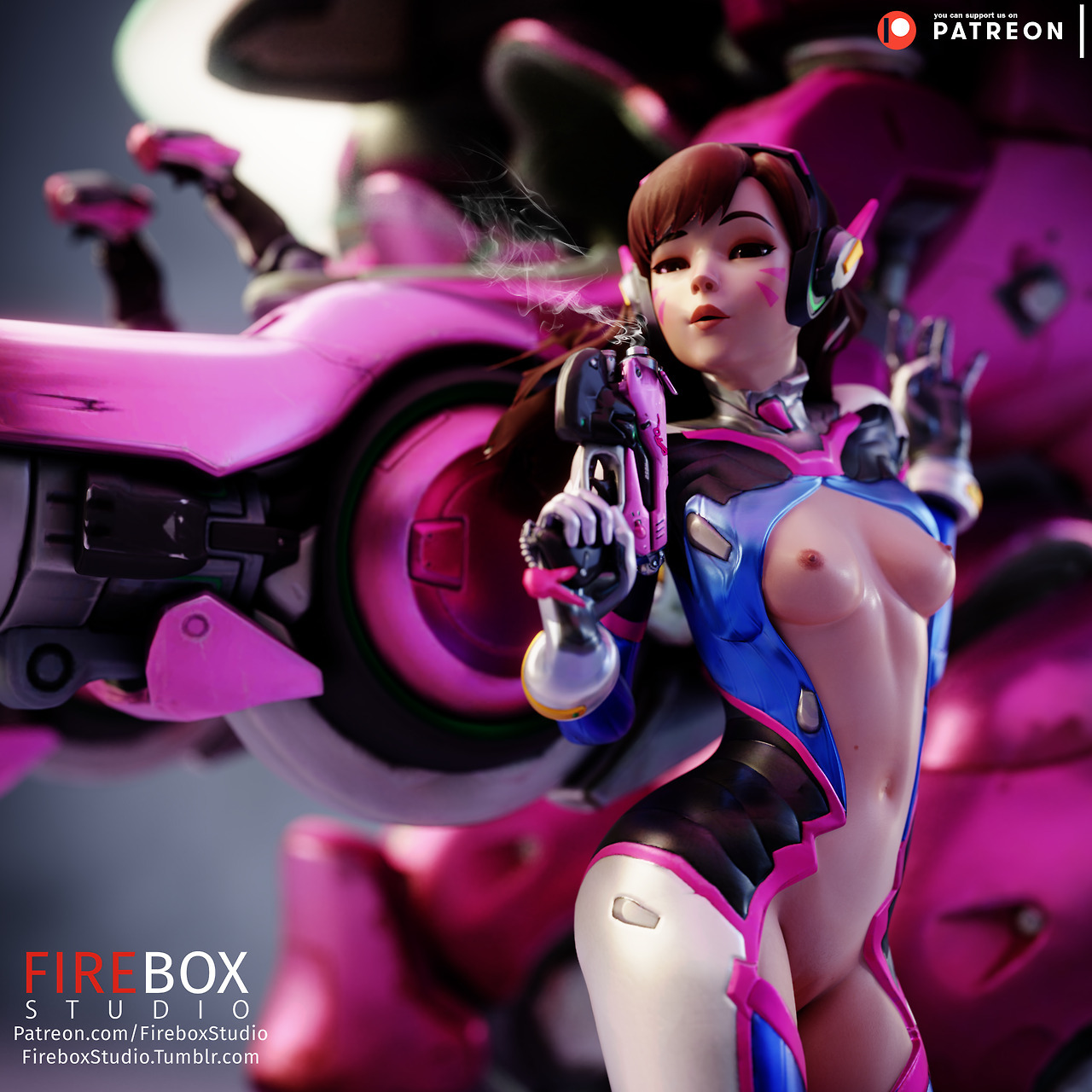 1girls, 3d, bodysuit, breasts, brown eyes, brown hair, d.va, female, female only, fireboxstudio, gun, hana song, meka, overwatch, partially clothed, pistol, solo, weapon