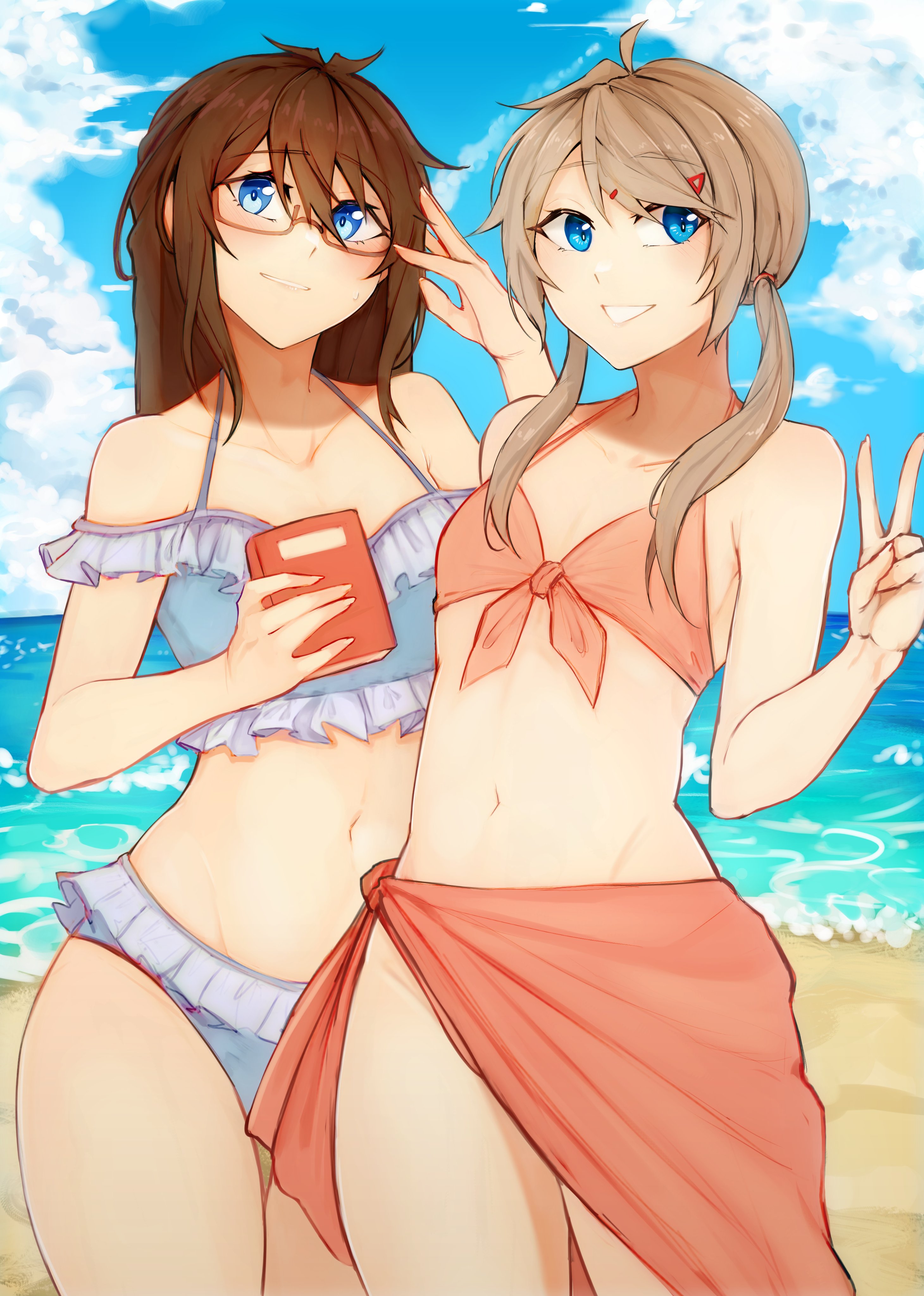 1boy, 1girls, beach, bikini, blue eyes, brown hair, crossdressing, drawgach, female, femboy, glasses, hair between eyes, hairclip, male, original, peace sign, sarong, seaside, swimsuit, twintails