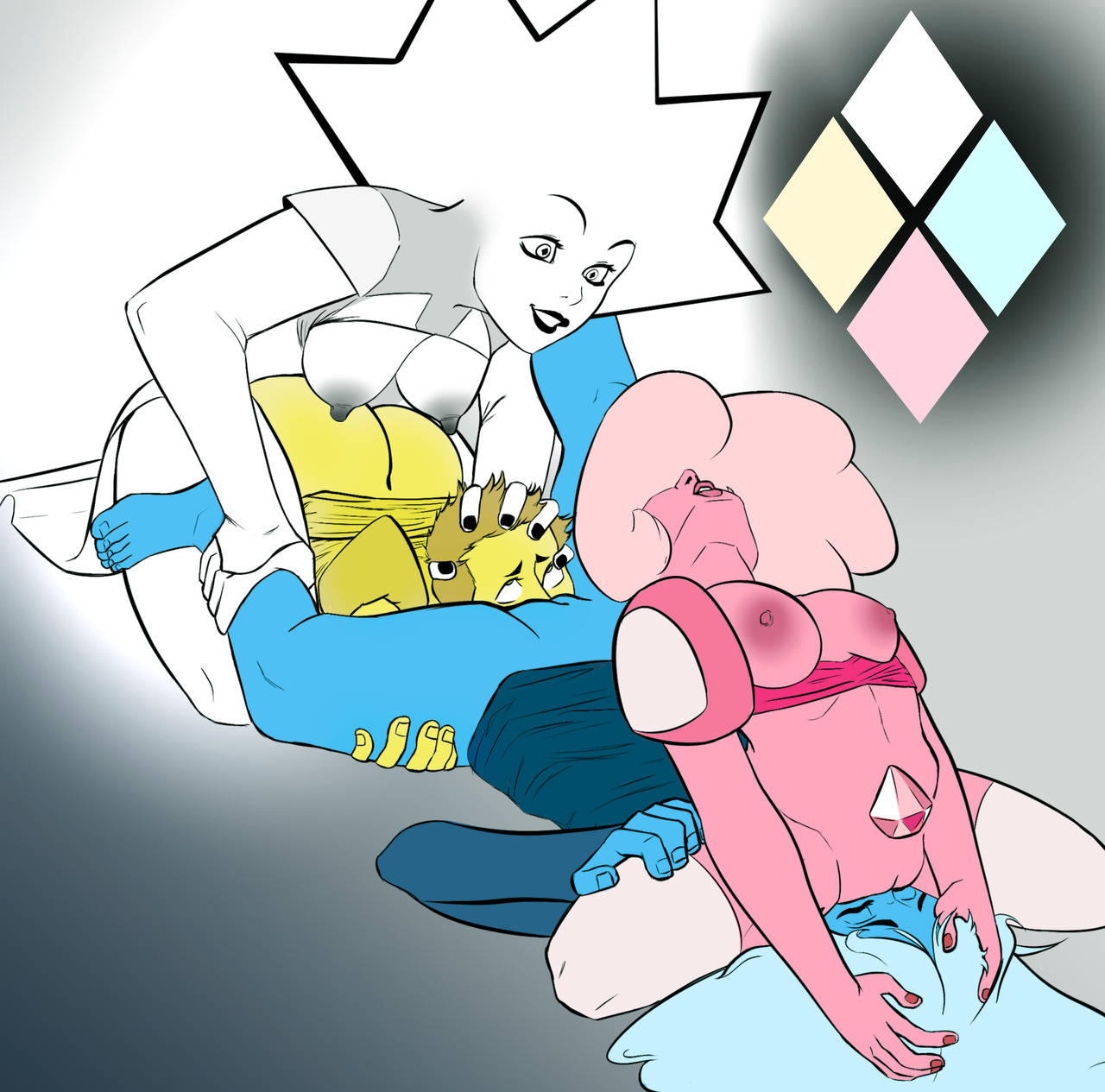 4girls, ahe gao, alien, ass, big ass, blue diamond (steven universe), cunnilingus, diamond authority, facesitting, female, female only, foursome, from behind, gem (species), lifted dress, multiple females, multiple girls, pink diamond (steven universe), steven universe, white diamond (steven universe), yellow diamond (steven universe), yuri