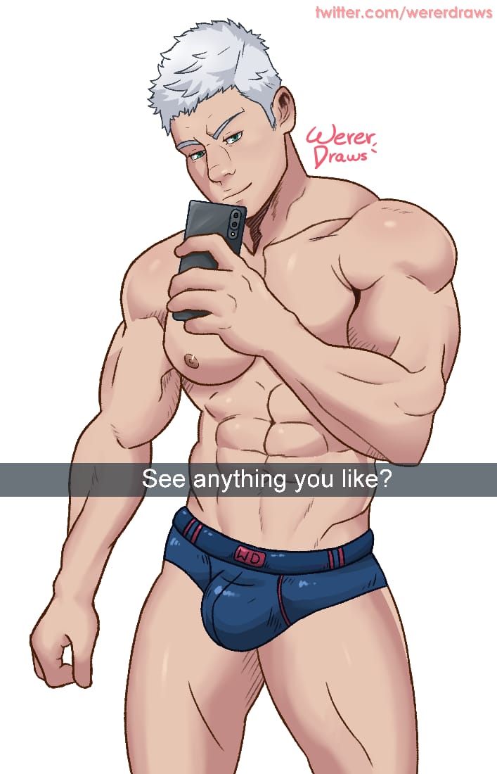 1boy, blue underwear, bulge, devil may cry, devil may cry (series), devil may cry 5, male, male only, nero (devil may cry), selfie, solo, underwear, wererdraws, white background, yaoi