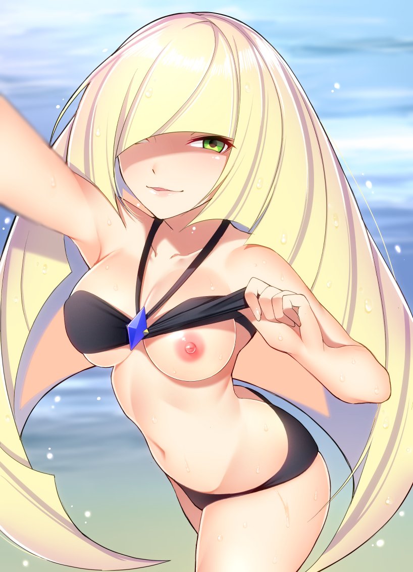 1girls aether_foundation areola armpits ass bare_shoulders belly bikini black_bikini blonde_hair blush breasts clothed eye_contact female female_only green_eyes hair_over_one_eye human kippuru long_hair looking_at_viewer lusamine_(pokemon) medium_breasts midriff milf mother navel nintendo nipple_slip nipples one_breast_out outdoors pokemon pokemon_sm selfie smile underboob very_long_hair water wide_hips