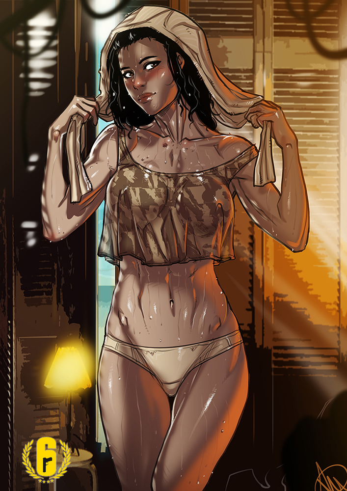 1girls, 2019, 2d, 2d (artwork), arabian clothes, black hair, blush, breasts, brown eyes, dark skin, dark-skinned female, drying, drying hair, female, female only, ganassa, human, human only, indoors, long hair, looking at viewer, moroccan, nomad (rainbow six), panties, questionable, rainbow six, rainbow six siege, solo, solo female, sweat, thigh gap, tom clancy, towel on head, wet, wet body