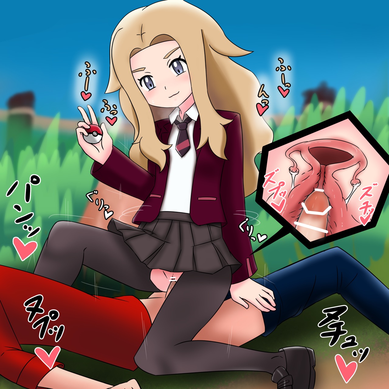 1boy, 1girls, blonde hair, blue eyes, bottomless, breasts, censored, cowgirl position, eyebrows, female, female on top, furanshisu, game freak, grass, heart, highres, human, jacket, lass (pokemon ss), lass (pokemon), long hair, male, necktie, nintendo, npc trainer, on top, outside, pantyhose, penis, poke ball, pokemon, pokemon ss, pussy, ride, riding, sex, shirt, skirt, small breasts, straight, text, torn clothes, torn pantyhose, vaginal penetration, victor (pokemon), x-ray