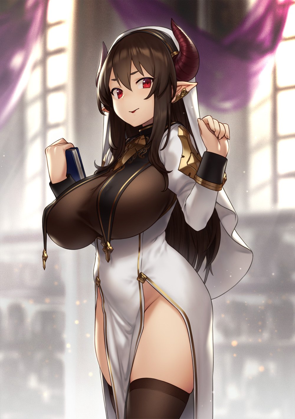 1girls, big breasts, black horns, book, bottomless, breast curtains, breasts, brown hair, cleavage, curved horns, demon, demon horns, female, female only, headdress, holding object, horns, houtengeki, large breasts, long breasts, long hair, looking at viewer, no panties, nun, pointy ears, priestess, robe, side slit, sideboob, sidelocks, solo, succubus, thighhighs, underboob