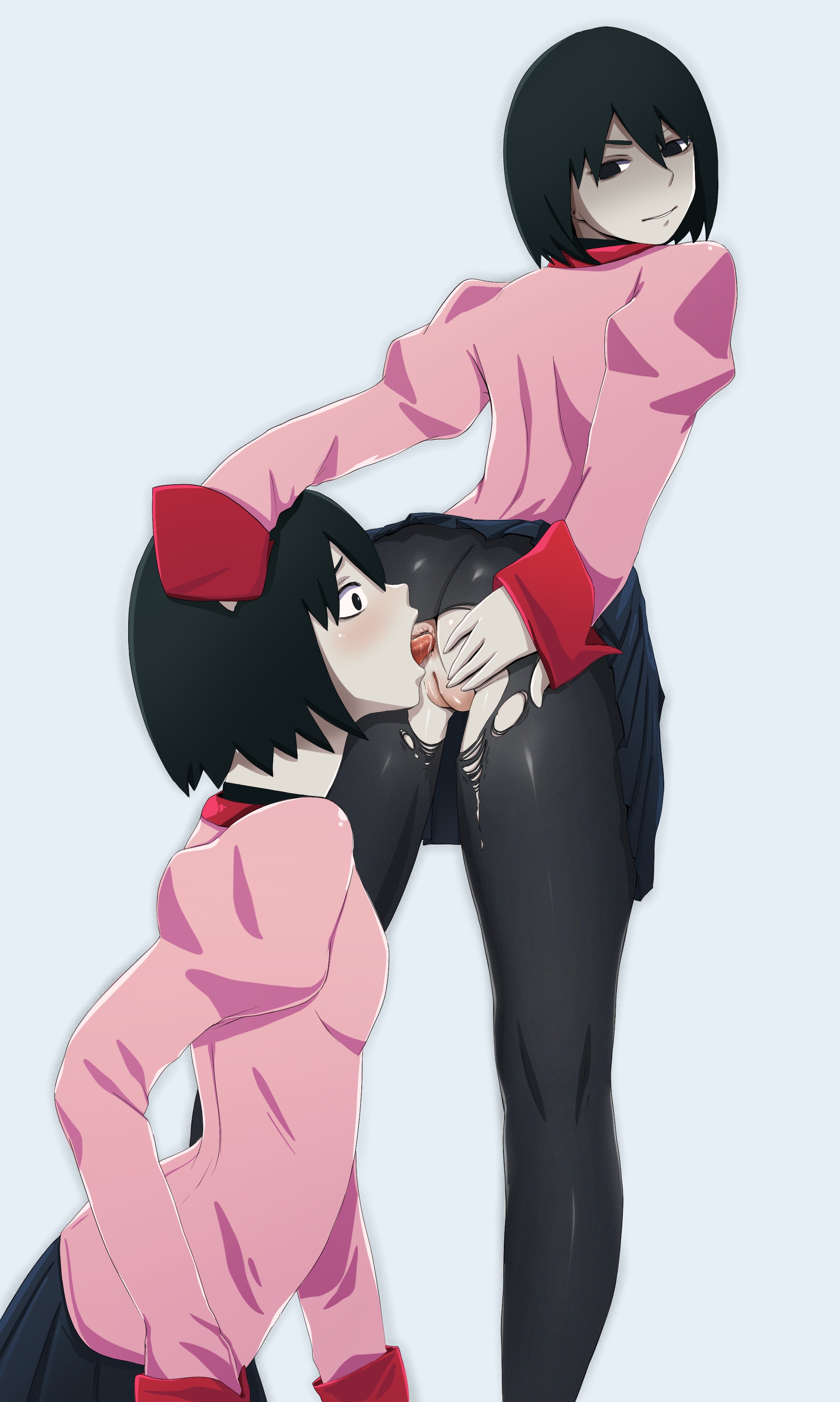 2girls, absurdres, anal juice, anilingus, anus, arms behind back, ass, ass grab, black eyes, black hair, black skirt, blush, clothing, deep rimming, evil grin, female, female only, forced, forced yuri, hand on ass, hand on own ass, head grab, lapulio, long sleeves, looking back, monogatari (series), multiple females, multiple girls, oshino ougi, owarimonogatari, pleated skirt, pussy, rimjob, rimming, ripped clothing, ripped pantyhose, school uniform, selfcest, sex in skirt, short hair, skirt, skirt pull, spread ass, stockings, surprised, tongue, tongue out, yuri