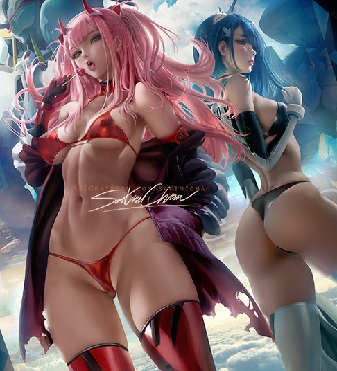 2girls, abs, ass, between labia, big ass, bikini, blue hair, bra, breasts, cleavage, clothed, darling in the franxx, duo, female, female only, horns, ichigo (darling in the franxx), innie pussy, looking at viewer, muscular, muscular female, pink hair, pinup, pussy, red bikini, sakimichan, swimsuit, text, thick thighs, thighhighs, url, watermark, wide hips, zero two (darling in the franxx)