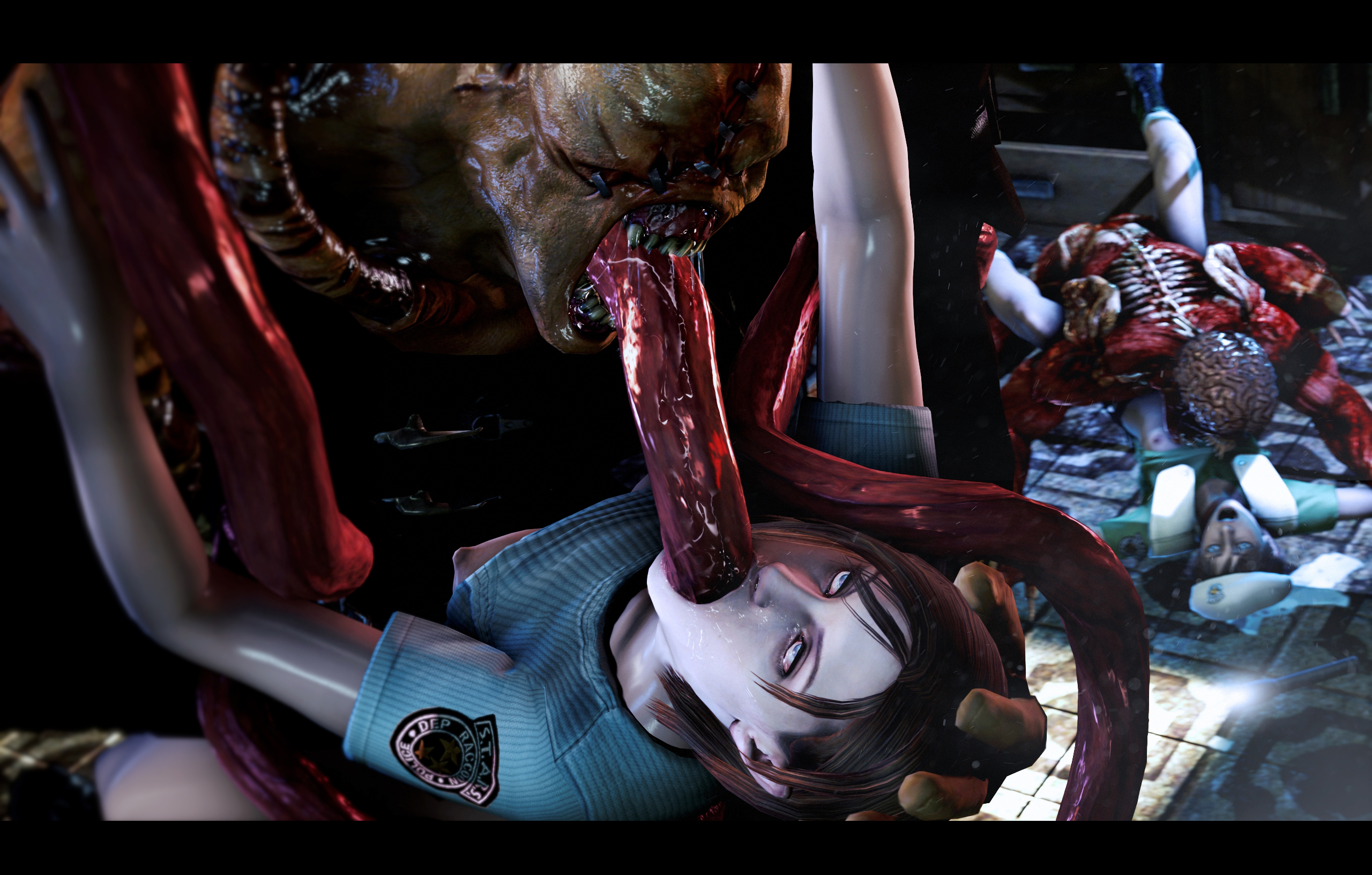 2boys, 2girls, 2monsters, 3d, blue eyes, breasts, brown hair, cheopsfm, deepthroat, extreme french kiss, female, forced kiss, french kiss, french kissing, head grab, human, interspecies, jill valentine, jill valentine (julia voth), kissing, kissing while penetrated, licker (resident evil), light skin, light-skinned female, long tongue, male, monster, monster rape, nemesis (resident evil), open mouth, oral, rape, rebecca chambers, resident evil, resident evil remake, short hair, size difference, straight, tongue, tongue in mouth, tongue in throat, tongue kiss, vulnerable