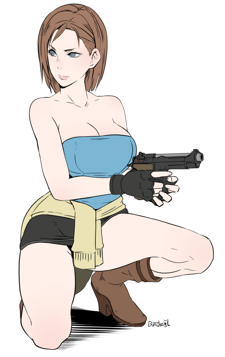 1girls, blue eyes, brown hair, butcha-u, female, female only, gun, high heel boots, high heels, jill valentine, jill valentine (julia voth), miniskirt, pale skin, pistol, resident evil, resident evil 3, short hair, skirt, solo, tubetop