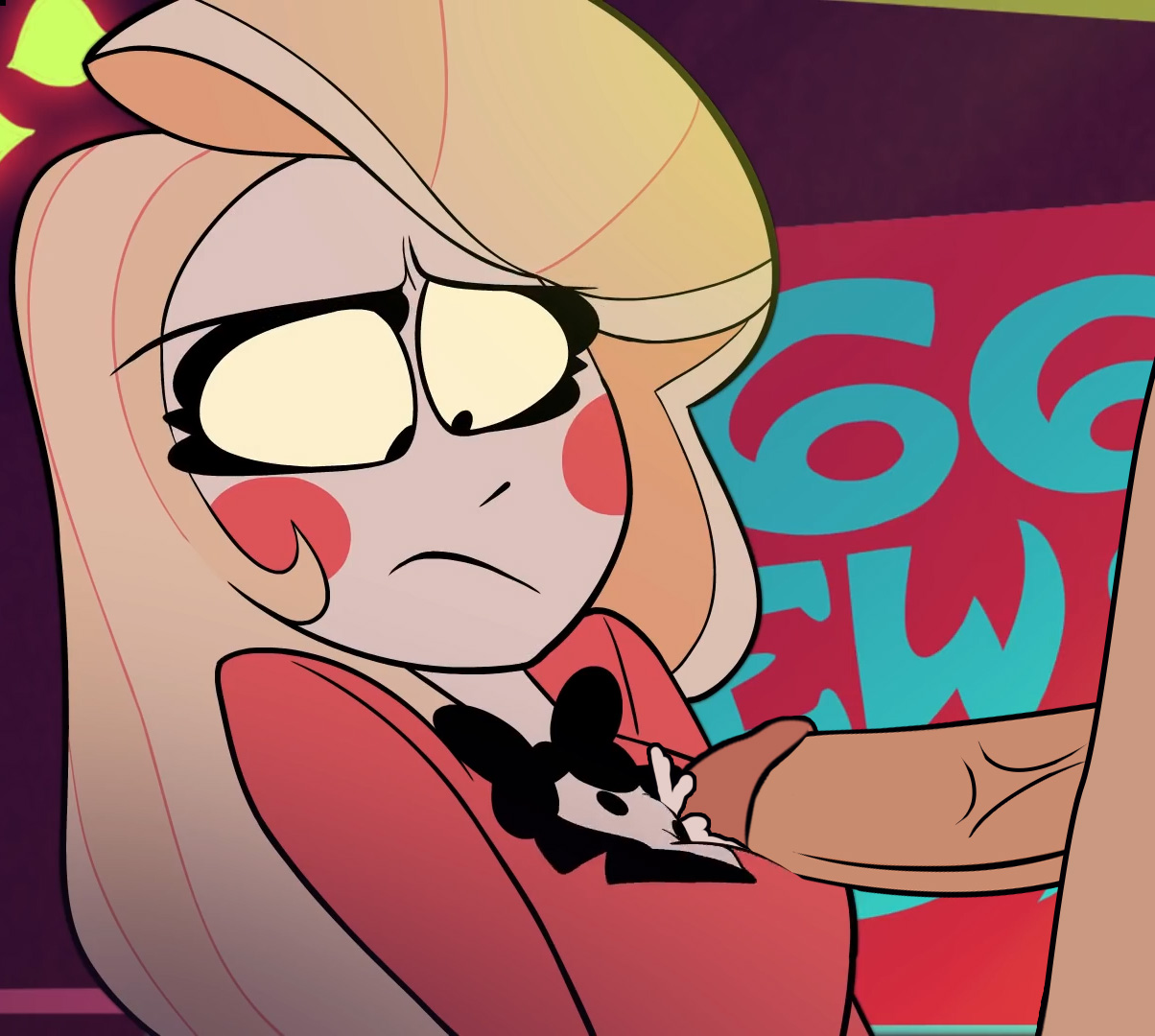 1boy, 1girls, artist request, blonde hair, charlie morningstar, charlie morningstar (hazbin hotel), charlie morningstar (pilot), cum on upper body, demon, demon girl, edit, female, hazbin hotel, male, penis, smooth skin, spindlehorse toons, tagme, tuxedo, unseen male face, vivienne medrano, vivziepop