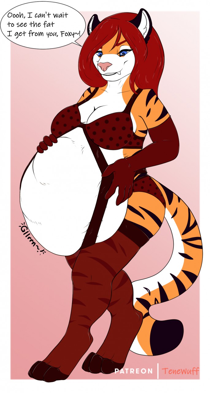 anthro belly big_belly clothing felid female female_pred female_prey holding_belly legwear lingerie mammal mature_female oral_vore pantherine serona_shea solo stockings tenewuff thick_thighs tiger voluptuous vore