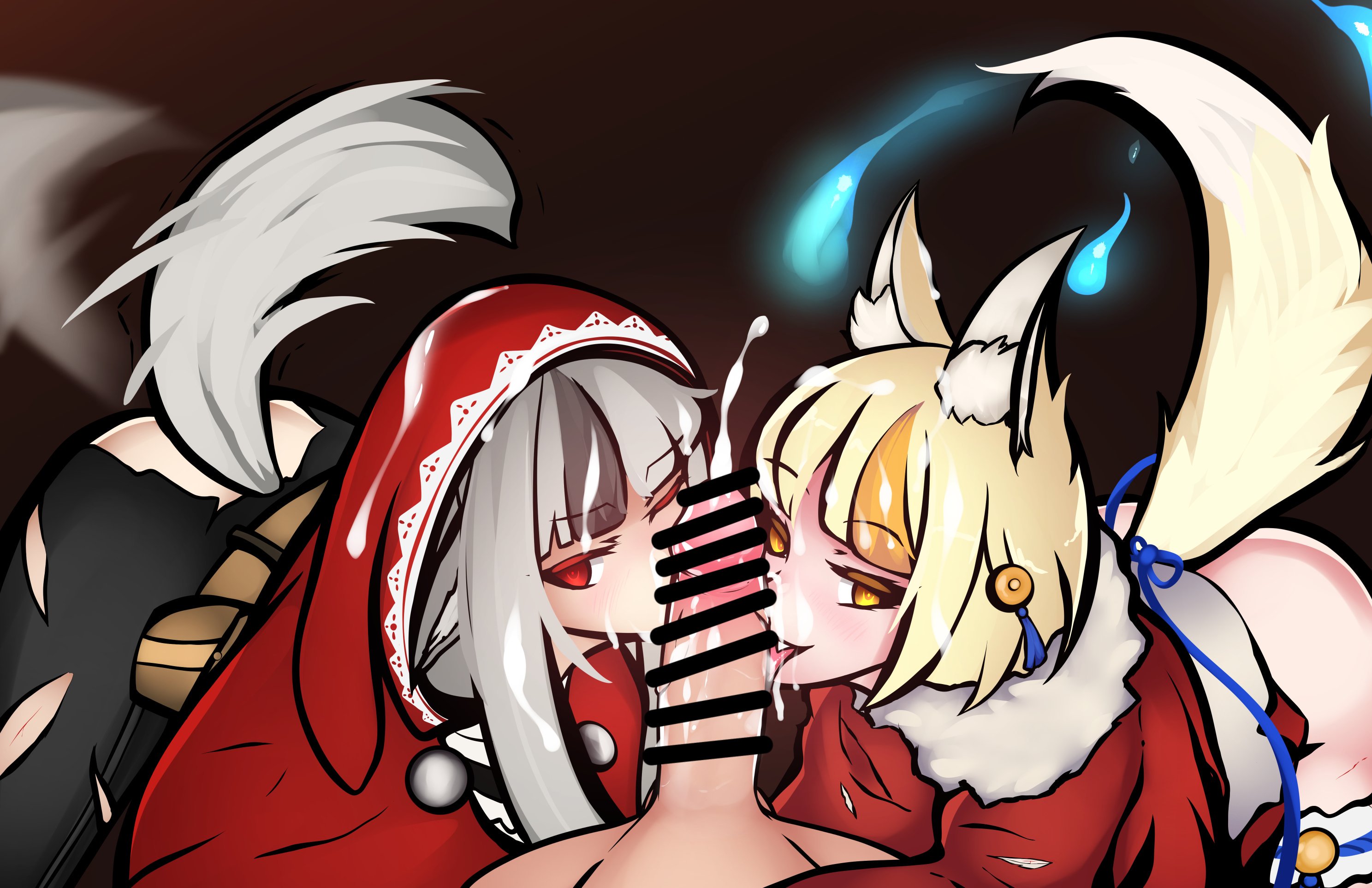 ahe gao, blonde hair, bottomless, censored, cum, cum on face, fire emblem, fire emblem fates, fox ears, fox tail, kitsune, licking, oral, red eyes, reeceyd3, selkie (fire emblem), silver hair, tail, threesome, tongue, tongue out, velouria (fire emblem), wolf, wolf ears, wolf tail, yellow eyes