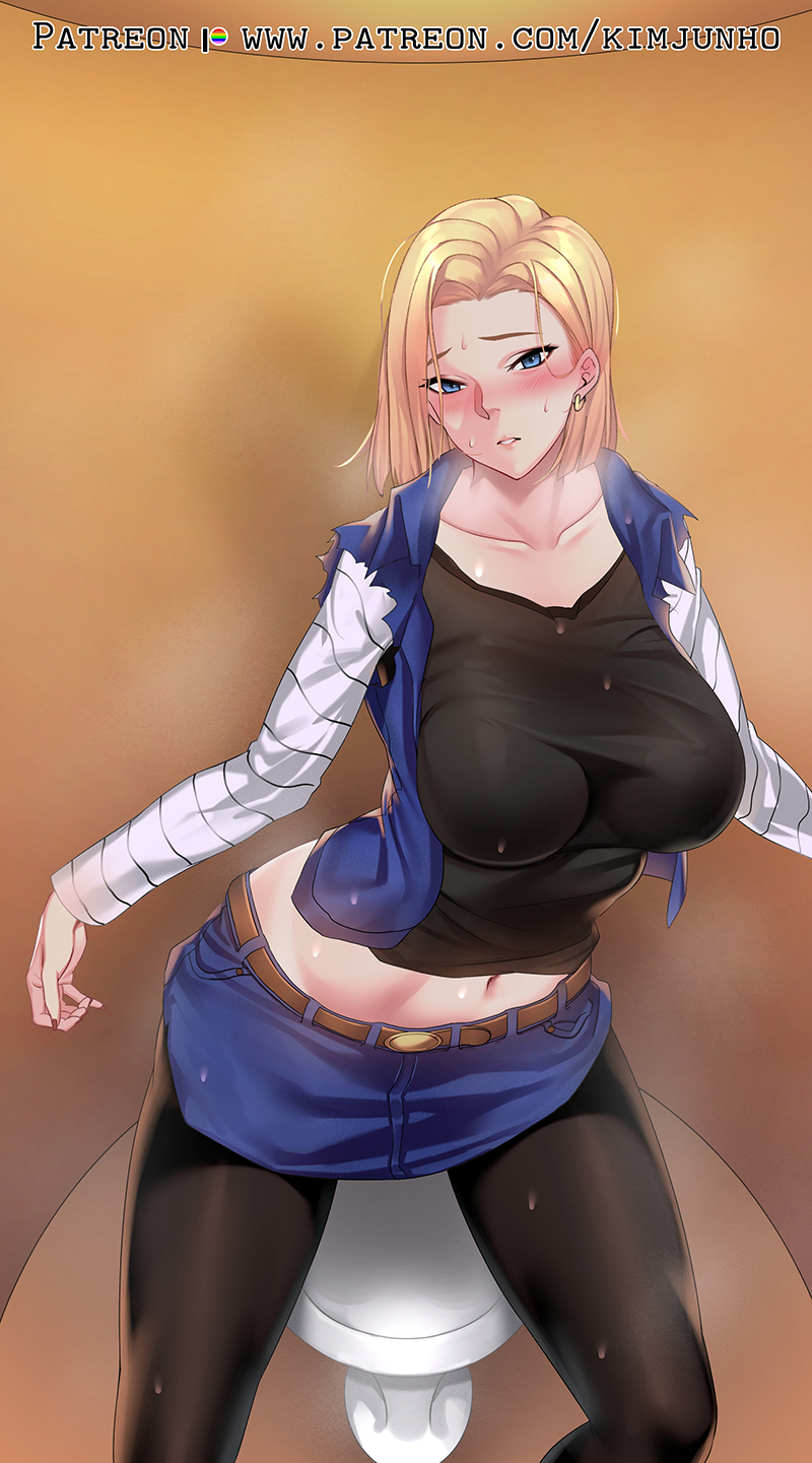 1girls, abs, android 18, bad anatomy, blonde hair, blue eyes, blush, breasts, clothed, curvy, dragon ball, earrings, female, half-closed eyes, heavy breathing, huge breasts, kimjunho, looking at viewer, milf, navel, patreon, short hair, source request, sweat, text, thick lips, thick thighs, url, voluptuous, watermark, wide hips