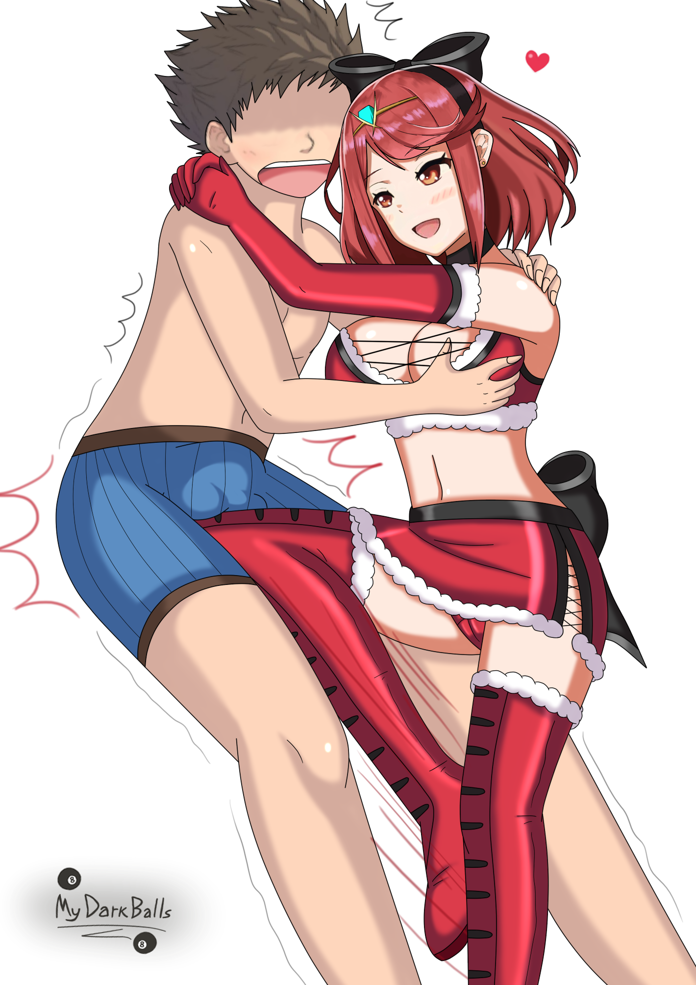 1boy, 1girls, alternate costume, ballbusting, balls, bangs, bare shoulders, big breasts, black ribbon, blush, boots, breast grab, breasts, christmas, clothed, clothed female, cock and ball torture, cock and balls torture, commentary, earrings, elbow gloves, empty eyes, eyebrows visible through hair, faceless, faceless male, female, femdom, fully clothed, gem, gloves, grabbing, hair ornament, headpiece, heart, highres, hug, jewelry, kicking, large breasts, latex, male, mydarkballs, open mouth, panties, pants, penis, pervert, pyra, red boots, red eyes, red hair, red panties, rex (xenoblade), ribbon, shirtless, short hair, simple background, straight, swept bangs, thigh boots, thighhighs, tiara, white background, xenoblade (series), xenoblade chronicles 2