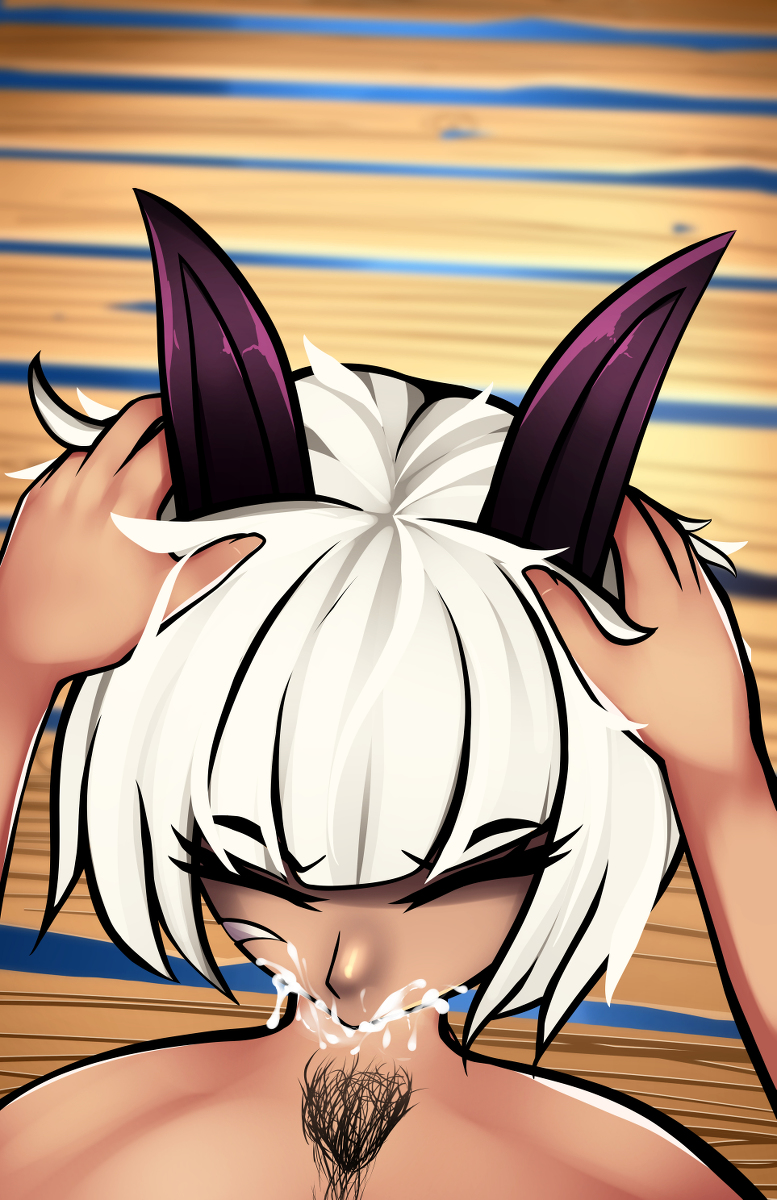 blue_eyes cat_ears catgirl closed_eyes cum cum_in_mouth cum_in_throat cum_inside deepthroat face_fucking hand_on_head nadia_fortune oral reeceyd3 skullgirls white_hair