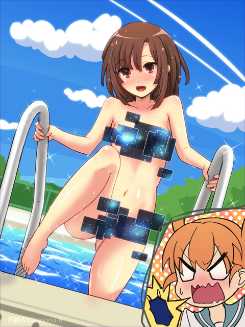 2girls angry blue_sky breasts brown_eyes brown_hair censored cloud cloudy_sky collarbone day dutch_angle eyebrows_visible_through_hair eyes_visible_through_hair gluteal_fold kilt_hide kitanaga looking_at_viewer multiple_girls natsukimonou navel nipple_censor no_pupils nude one-piece_swimsuit orange_hair outdoors polka_dot pool shiny shiny_skin sky small_breasts speech_bubble swimsuit tagme ueno-san_wa_bukiyou ueno_(ueno-san_wa_bukiyou) water