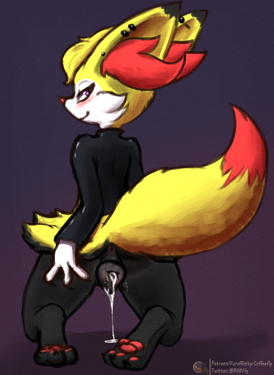 1girls 3_toes after_sex alternate_color anatomically_correct anatomically_correct_pussy animal_genitalia animal_pussy anthro anthrofied black_fur blush bottomless braixen canine canine_pussy clothing coffeefly cum cum_in_pussy cum_inside earrings feet female female_only fox furry jacket kneeling leaking leather leather_jacket looking_at_viewer looking_back nintendo original_character pawpads paws piercing pokémon_(species) pokemon pokemon_(species) pokemon_xy purple_background purple_eyes pussy pussy_juice red_fur shirt simple_background smile solo spreading straight tail te text url video_games watermark wet white_fur yellow_fur