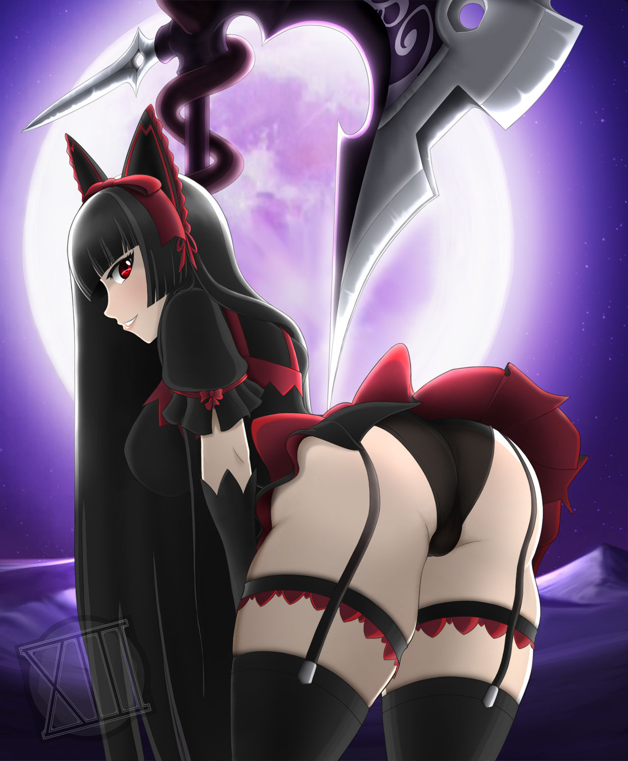 ass, bent over, big ass, black panties, cinder fall whore, gate - jieitai ka no chi nite kaku tatakaeri, hime cut, panties, rory mercury, skirt, stockings, thighs, upskirt