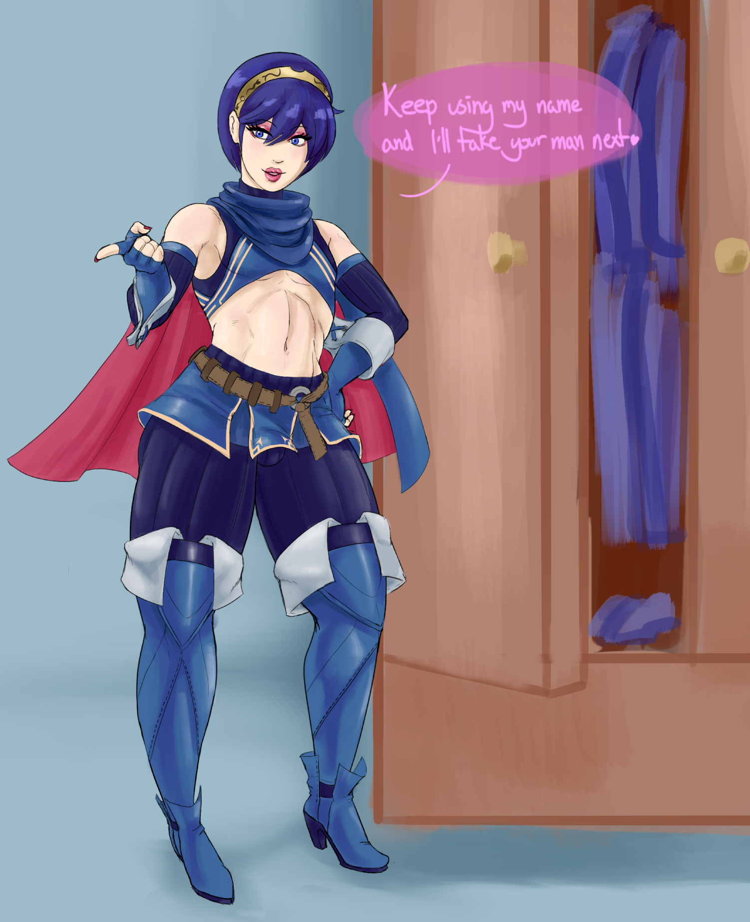 1boy, artist request, cosplay, crossdressing, english text, female, femboy, fire emblem, fire emblem awakening, lipstick, lucina (fire emblem), makeup, male, male only, marth (fire emblem awakening), short hair, solo, text, thick thighs, trap, wide hips