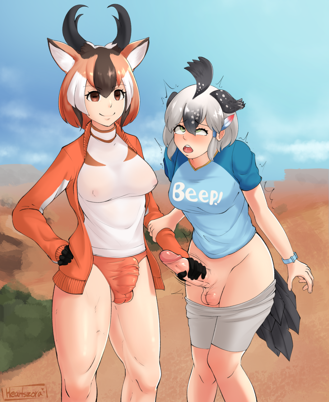 bulge dickgirl erection futa_with_futa futanari greater_roadrunner_(kemono_friends) handjob heartszora intersex kemono_friends penis pronghorn_(kemono_friends) standing testicles