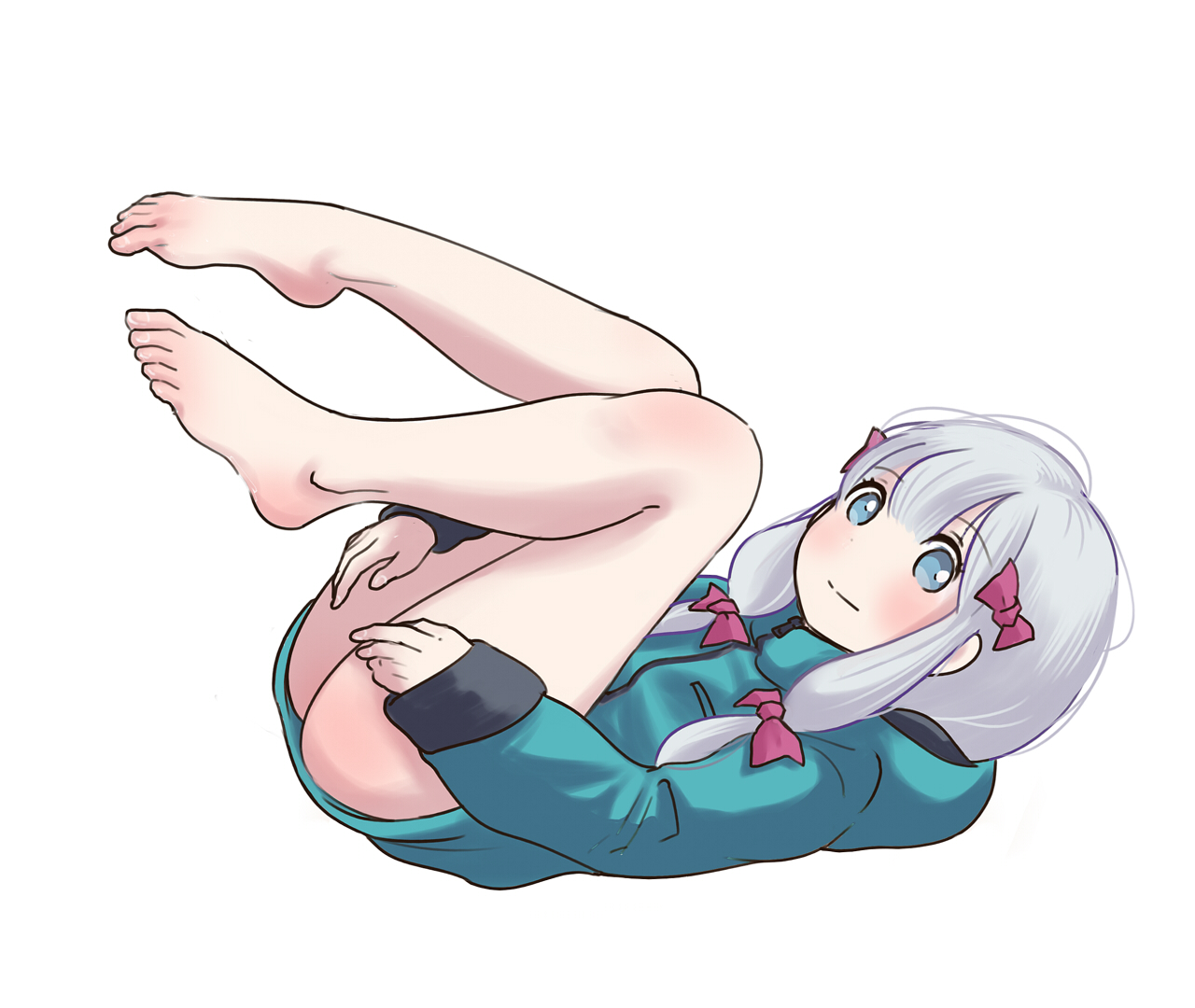 barefoot, blue eyes, eromanga sensei, female, izumi sagiri, jacket, no pants, on back, pink ribbon, poronpuu, simple background, smile, toes, white background, white hair