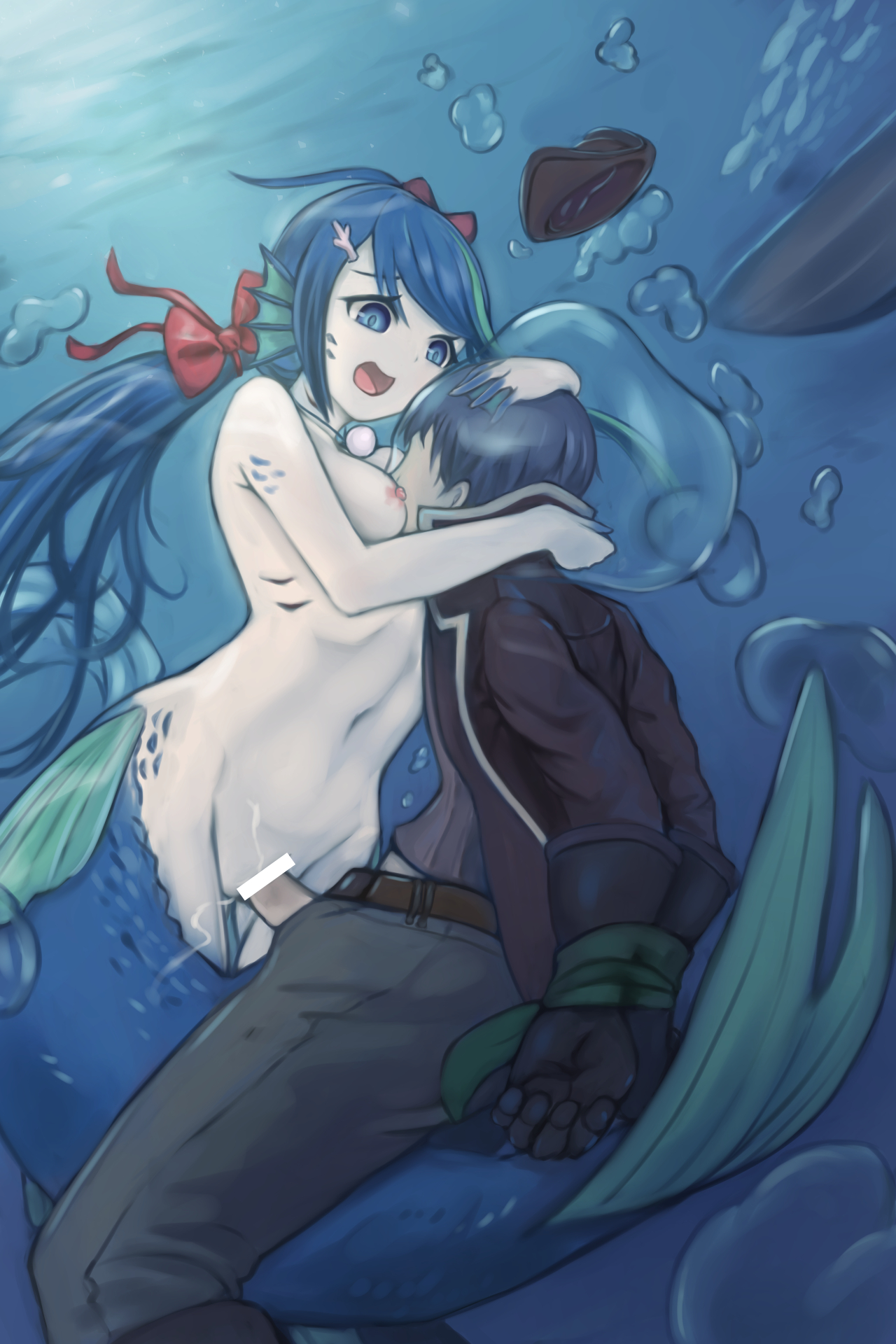 1boy, arms behind back, artist request, belt, black hair, blue eyes, blue hair, bondage, bound, bound wrists, bow, breasts, censored, clothed male nude female, clothing, cum, cum in pussy, erection, female, femdom, gloves, hat, highres, long hair, male, male rape victim, merfolk, mermaid, monster girl, navel, nude, open mouth, pants, pants down, penis, pussy, rape, reverse rape, sex, underwater, vaginal penetration, water