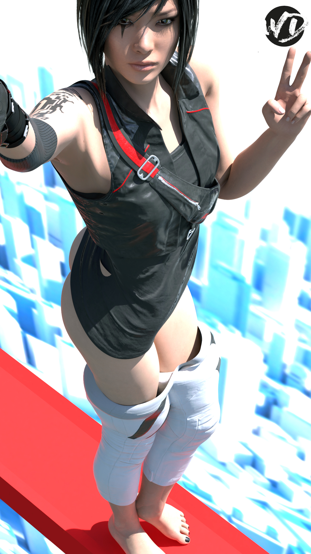 1girls, 3d, barefoot, black hair, black nails, blender, brown eyes, colored nails, dark hair, facial tattoo, faith connors, faith connors (mirror's edge catalyst), female, female only, human, human only, long hair, looking at viewer, mirror's edge, mirror's edge catalyst, nail polish, outdoors, pants down, solo, solo focus, tattoo, tattoos, toenail polish, wunder