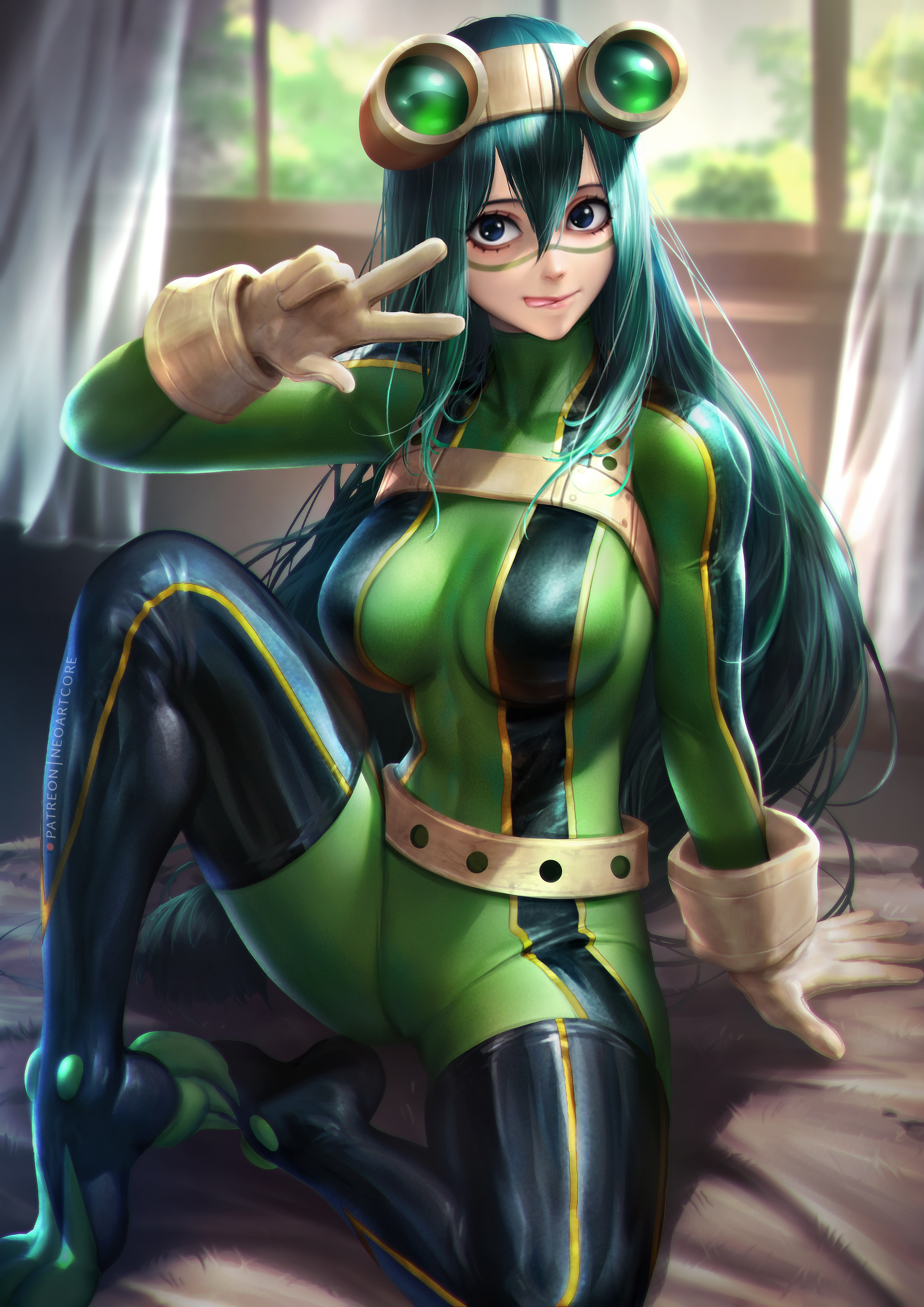1girls, absurdres, female, female only, green hair, green-haired female, hero outfit (mha), highres, light skin, light-skinned female, my hero academia, neoartcore, solo, tsuyu asui