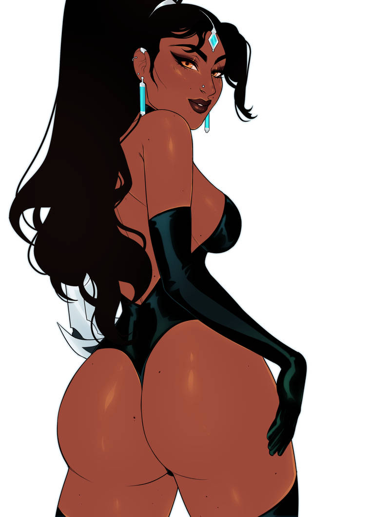 2d ass big_ass black_hair breasts dark-skinned_female dark_skin gloves jewelry leotard long_hair looking_back looking_back_at_viewer milkcubus nose_piercing overwatch ponytail sideboob smile symmetra thick_thighs