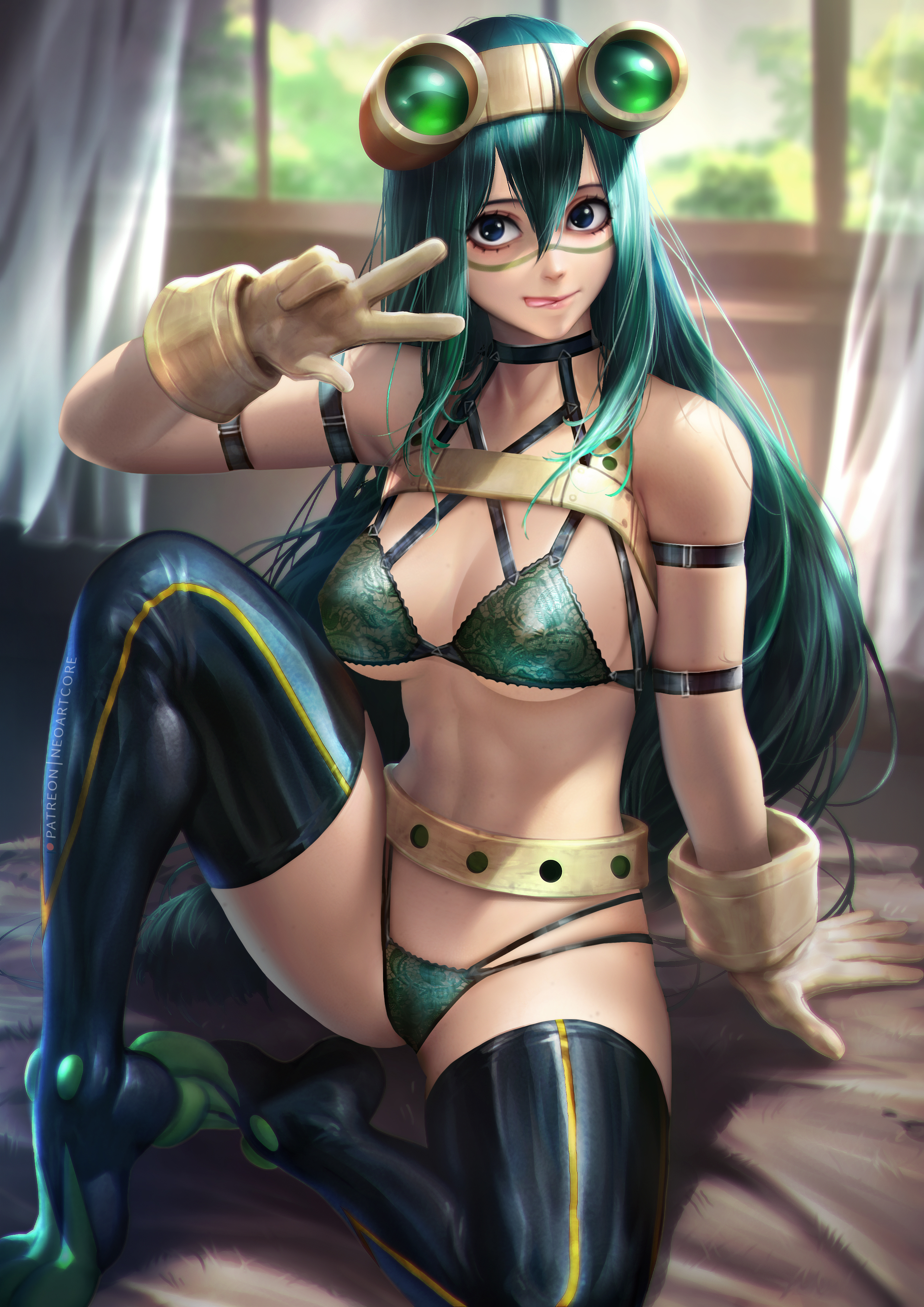 1girls, absurdres, bra, breasts, cleavage, female, female only, green hair, green-haired female, highres, light skin, light-skinned female, lingerie, looking at viewer, my hero academia, neoartcore, panties, solo, tsuyu asui, underwear