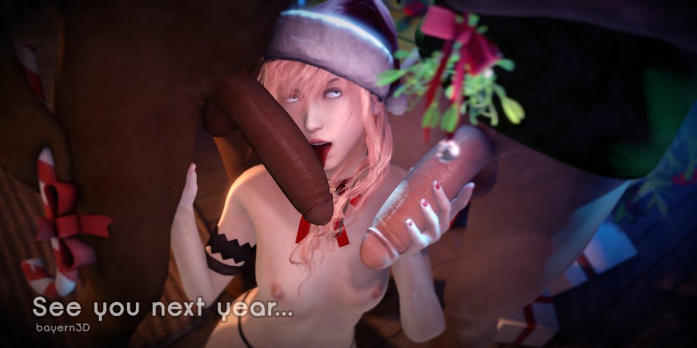 1girls 2boys 3d bayernsfm breasts christmas dark-skinned_male dark_skin eclair_farron female final_fantasy final_fantasy_xiii interracial large_penis nipples nude penis pink_hair smile smug source_filmmaker testicles text url watermark