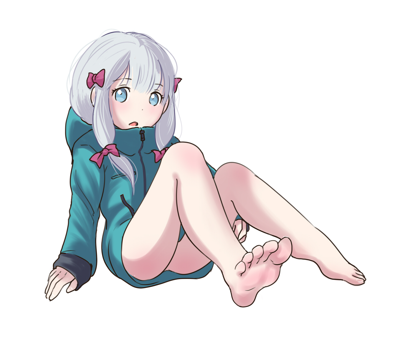 1girls, barefoot, blue eyes, eromanga sensei, feet, female, foot fetish, izumi sagiri, jacket, mouth open, no pants, pink ribbon, poronpuu, simple background, sitting, soles, toes, white background, white hair