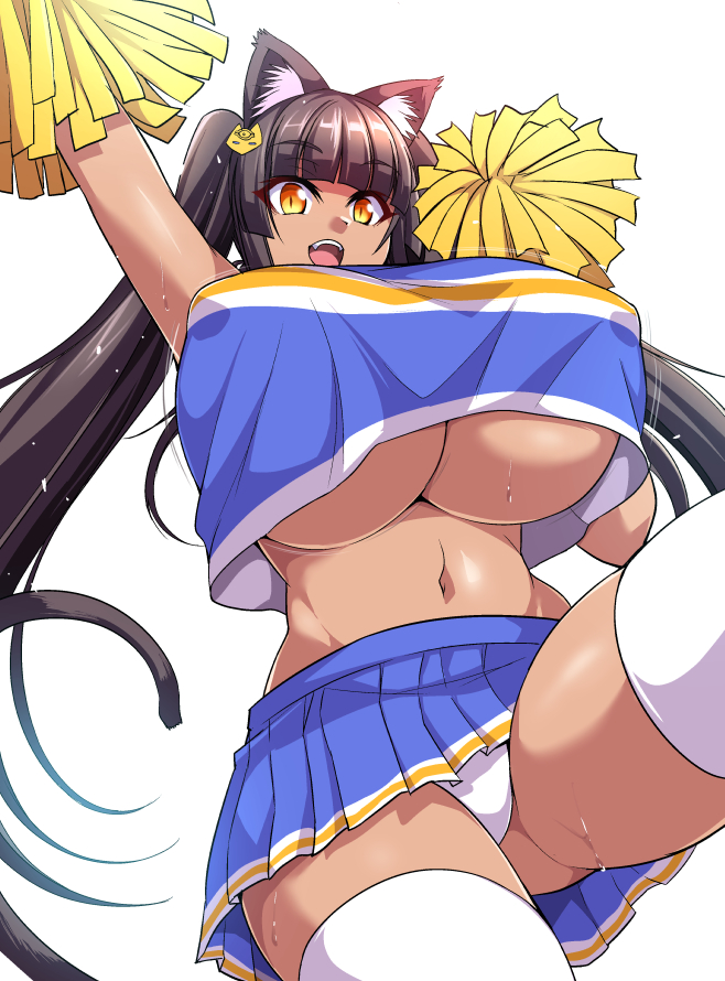 animal ears, black hair, black skin, breasts, cat tail, cheerleader, crop top, crop top overhang, egyptian, erect nipples, female, female only, hair ornament, huge breasts, navel, nekomimi, nipples, nishida megane, pom poms, skirt, sweat, twintails, underboob, underwear
