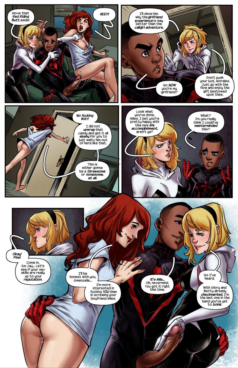 comic, dark skin, dark-skinned male, female, gwen stacy, hairband, harem, interracial, male, marvel, marvel comics, mary jane watson, miles morales, penis, spider-gwen, spider-man (miles morales), spider-man (series), straight hair, tracyscops