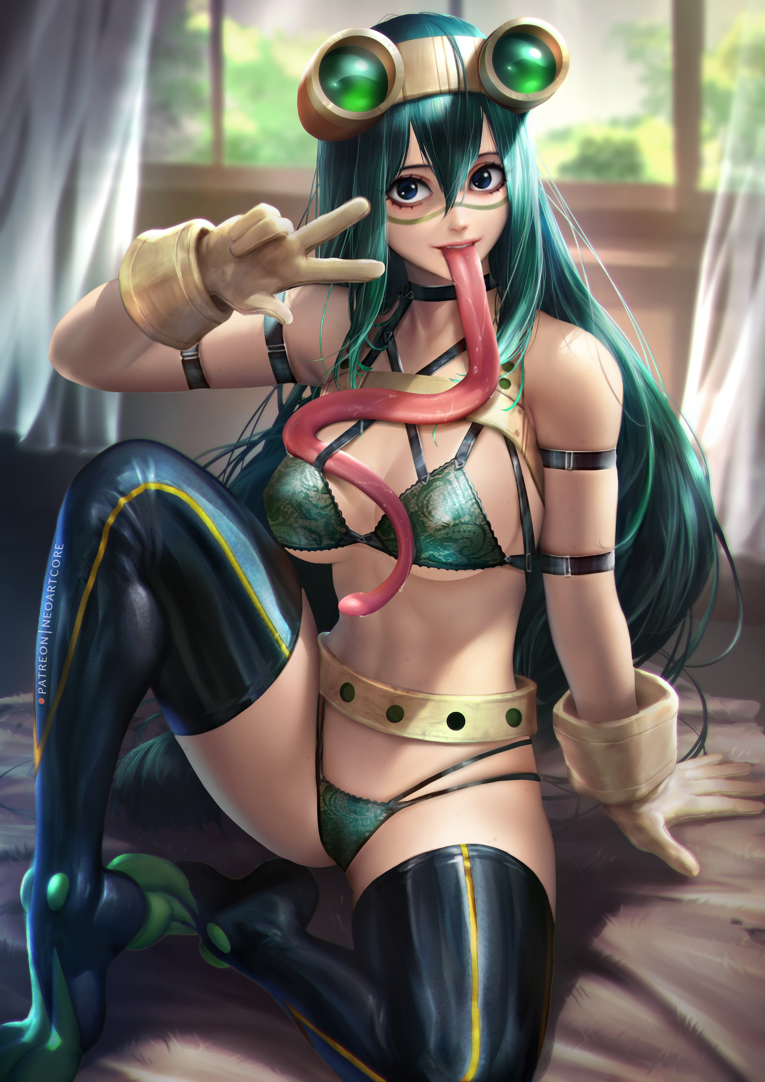 1girls, absurdres, breasts, cleavage, female, female only, green hair, green-haired female, highres, light skin, light-skinned female, looking at viewer, my hero academia, neoartcore, solo, tsuyu asui