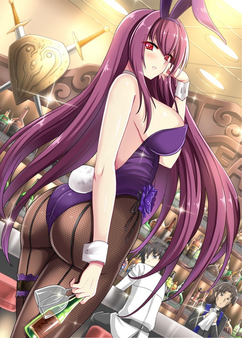 ass blush bottle breasts bunny_ears bunny_tail bunnysuit cup fate/grand_order fate_(series) female fishnet_pantyhose flower kirei_kotomine purple_hair red_eyes scathach_(fate) scathach_(piercing_bunny) shield strapless_leotard sword weapon wine