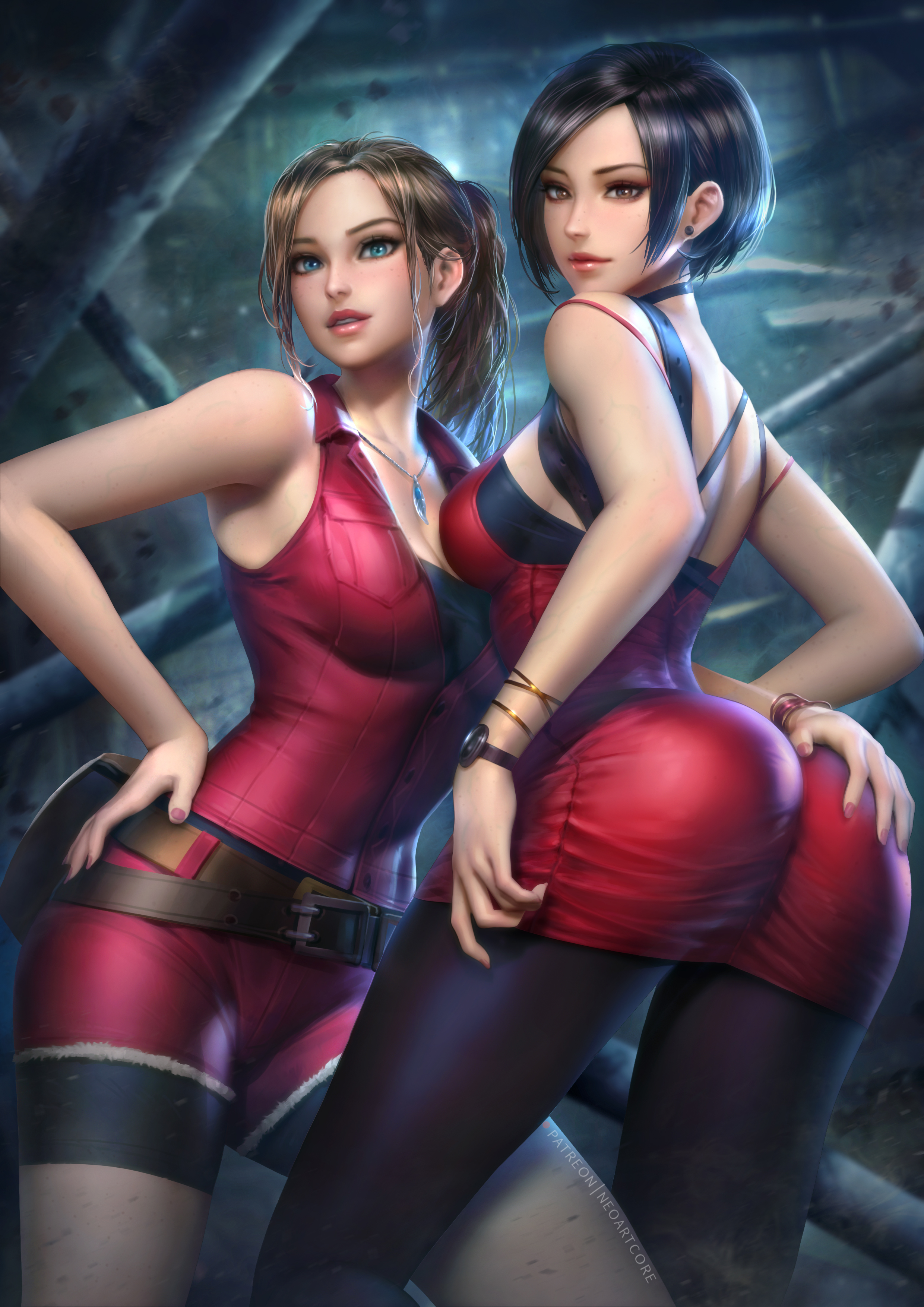 2girls, absurdres, ada wong, ada wong (adriana), asian, ass, ass grab, capcom, claire redfield, duo, female, female only, highres, human, multiple females, multiple girls, neoartcore, resident evil, resident evil 2, resident evil 2 remake