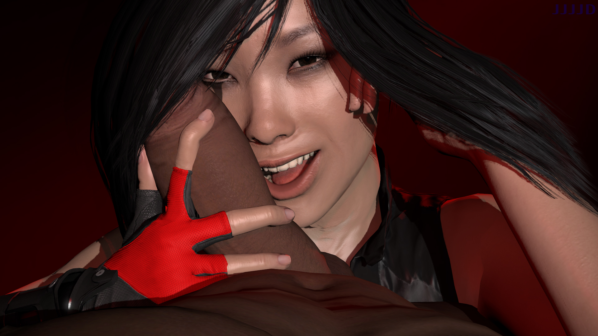 1boy, 1girls, 3d, 5 fingers, abs, artist name, balls, bare shoulders, big penis, black hair, brown eyes, brown skin, cfnm, clothed female, clothed female nude male, completely naked, completely nude, dark hair, dark skin, dark-skinned male, elbow gloves, english text, erect penis, erection, eyelashes, faceless male, facing viewer, faith connors, faith connors (mirror's edge catalyst), female, female focus, fingerless gloves, gigantic penis, glove, gloves, hand on penis, happy, happy sex, holding penis, huge cock, huge penis, human, human only, interracial, jjjjd, large penis, light skin, light-skinned female, long hair, long penis, looking at viewer, male, male pov, mirror's edge, mirror's edge catalyst, mouth open, naked, nude, nude male, nudity, open mouth, penis, penis grab, plain background, pov, sex, signature, sleeveless, smiling, source filmmaker, straight, teeth, testicles, text, thick penis, tongue, uncensored, vest