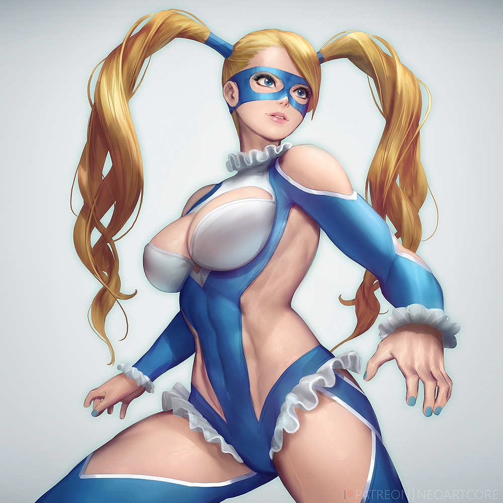 1girls, abs, artist name, blonde hair, blue eyes, blue nails, breasts, capcom, cleavage, clothed, covered navel, cowboy shot, curvy, eyelashes, female, female only, front view, highres, human, large breasts, leotard, lipstick, long hair, long twintails, mask, nail polish, neoartcore, pink lipstick, rainbow mika, simple background, solo, street fighter, street fighter v, toned, toned female, twintails, veiny breasts, very long hair, wrestling mask, wrestling outfit