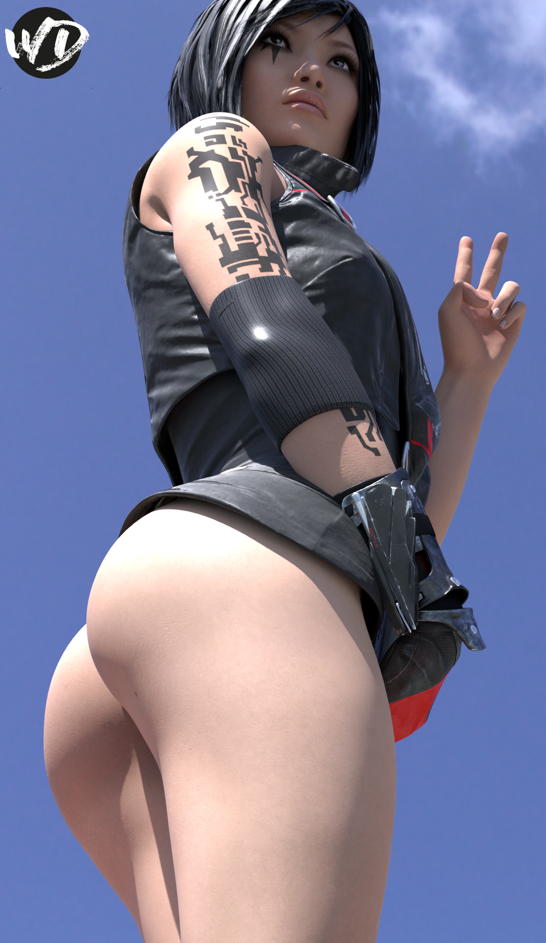 1girls, 3d, 5 fingers, arm tattoo, ass, ass focus, bare ass, bare legs, bare shoulders, big ass, black hair, blender, blender (software), blue sky, bob cut, bottomless, brown eyes, bubble ass, bubble butt, cloud, clouds, dark hair, day, elbow pads, exposed ass, eyelashes, eyeliner, facial tattoo, faith connors, faith connors (mirror's edge catalyst), female, female only, fingerless gloves, glove, gloves, going commando, half naked, hand up, human, human only, large ass, lipstick, looking away, makeup, mascara, medium hair, mirror's edge, mirror's edge catalyst, no panties, no underwear, nude, nude female, nudity, open eyes, outdoors, peace sign, pink lips, pink lipstick, shadow, signature, simple background, sky, sleeveless, solo, solo focus, standing, tattoo, tattoos, thick ass, uncensored, vest, watermark, wide hips, wunder
