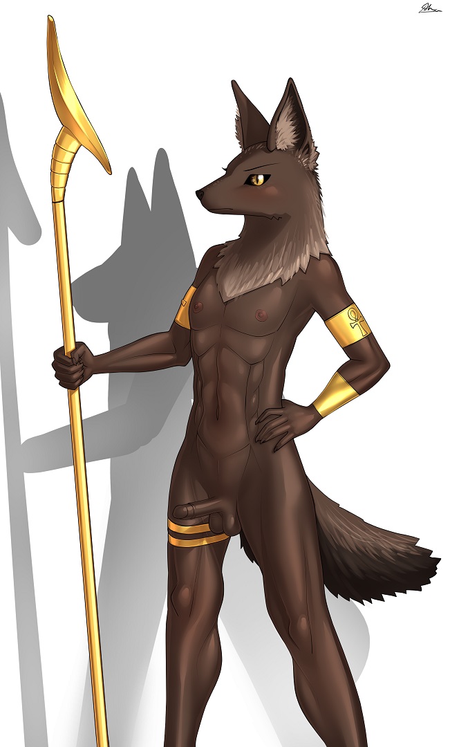 1boy anthro anubian_jackal anubis balls black_fur blush canid canine canis deity egyptian erection fur gamumbi jackal male male_focus male_only mammal muscular nipples nude solo