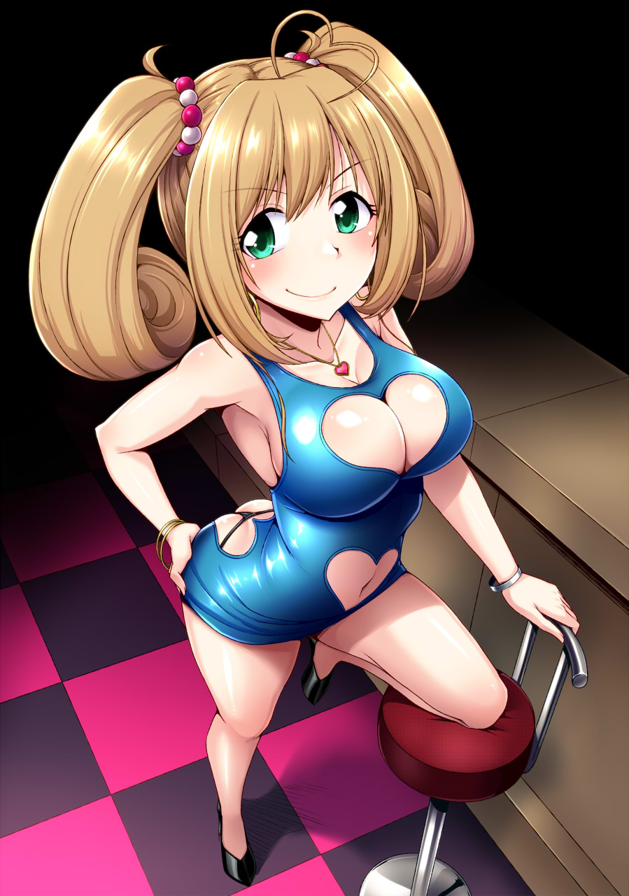 10s ahoge aqua_eyes ass ass_cleavage ass_cutout backless_dress backless_outfit bangle bar bare_shoulders black_panties blush bodycon bracelet breasts brown_hair butt_crack cleavage cleavage_cutout collarbone dress earrings female female_only hair_ornament heart heart_ahoge heart_cutout heart_necklace high_heels highres hip_vent hoop_earrings idolmaster_cinderella_girls jewelry large_breasts long_hair long_twintails looking_at_viewer microdress minidress miniskirt navel necklace nokoppa panties revealing_clothes satou_shin shoes skirt smile solo standing thong tied_hair twintails underwear whale_tail