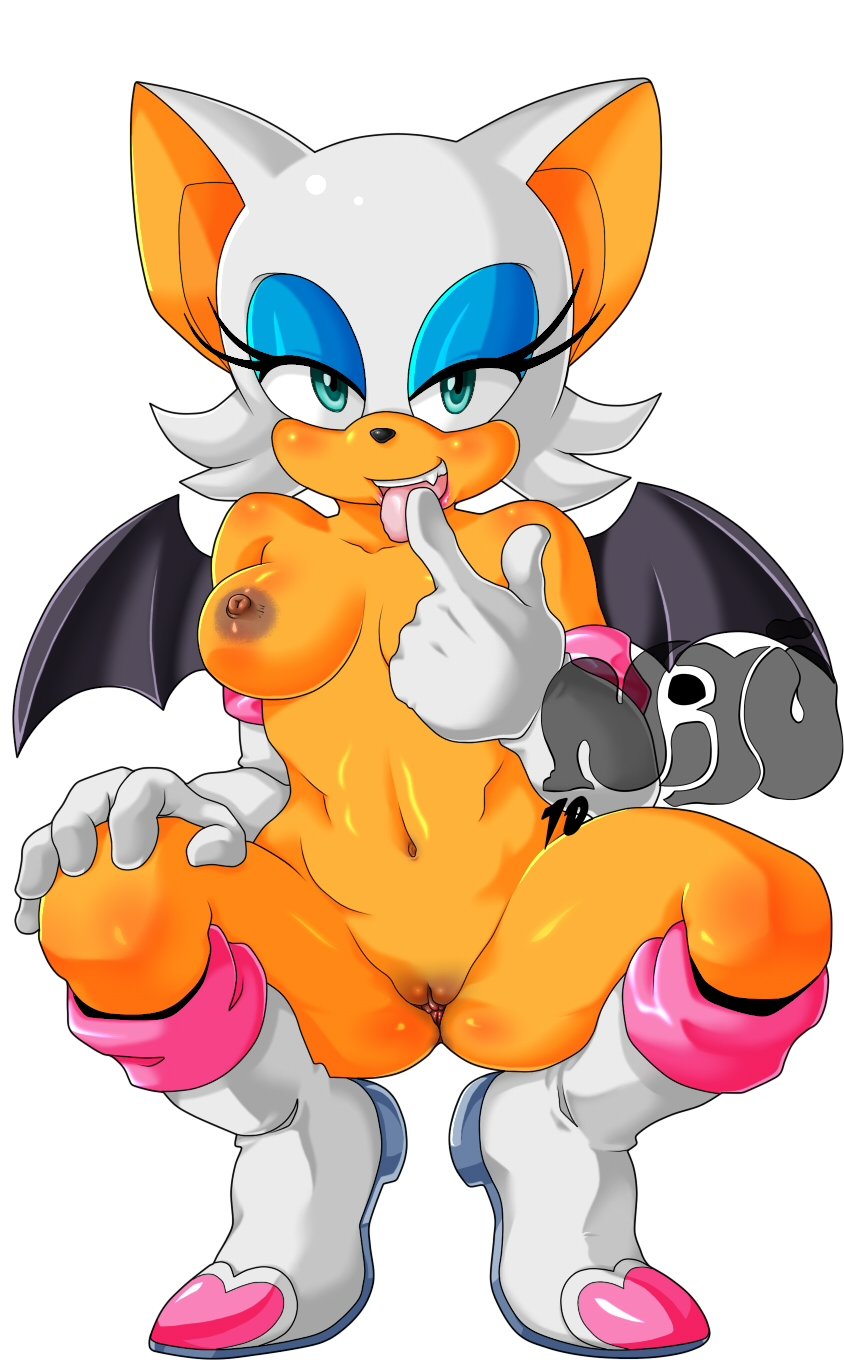 anthro areola bat blue_eyes boots breasts clothing crouching dark_areola eyeshadow female finger_fetish finger_lick finger_play fingers footwear genitals gloves handwear hi_res licking looking_at_viewer makeup mammal membrane_(anatomy) membranous_wings niju10 nipples rouge_the_bat sega shoes simple_background smile solo sonic_(series) sonic_the_hedgehog_(series) tongue tongue_out wings