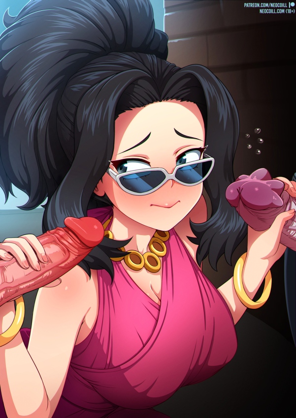 1girls, 2boys, big breasts, bimbo, black hair, black-haired female, blush, breasts, busty, double handjob, dress, erection, female, handjob, huge breasts, light skin, light-skinned male, looking over eyewear, looking over glasses, male, momo yaoyorozu, multiple males, multiple penises, my hero academia, neocoill, official alternate costume, penis, straight, sunglasses, teenager, threesome, tinted eyewear