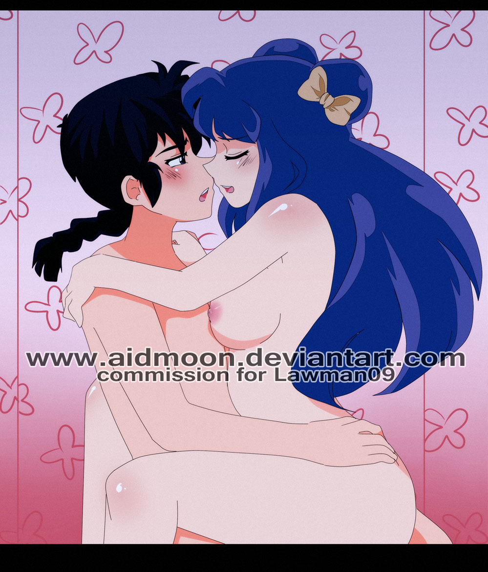 1boy aidmoon black_hair bow breasts double_bun female long_hair nude pigtail ranma-kun ranma_1/2 ranma_saotome shampoo_(ranma_1/2)