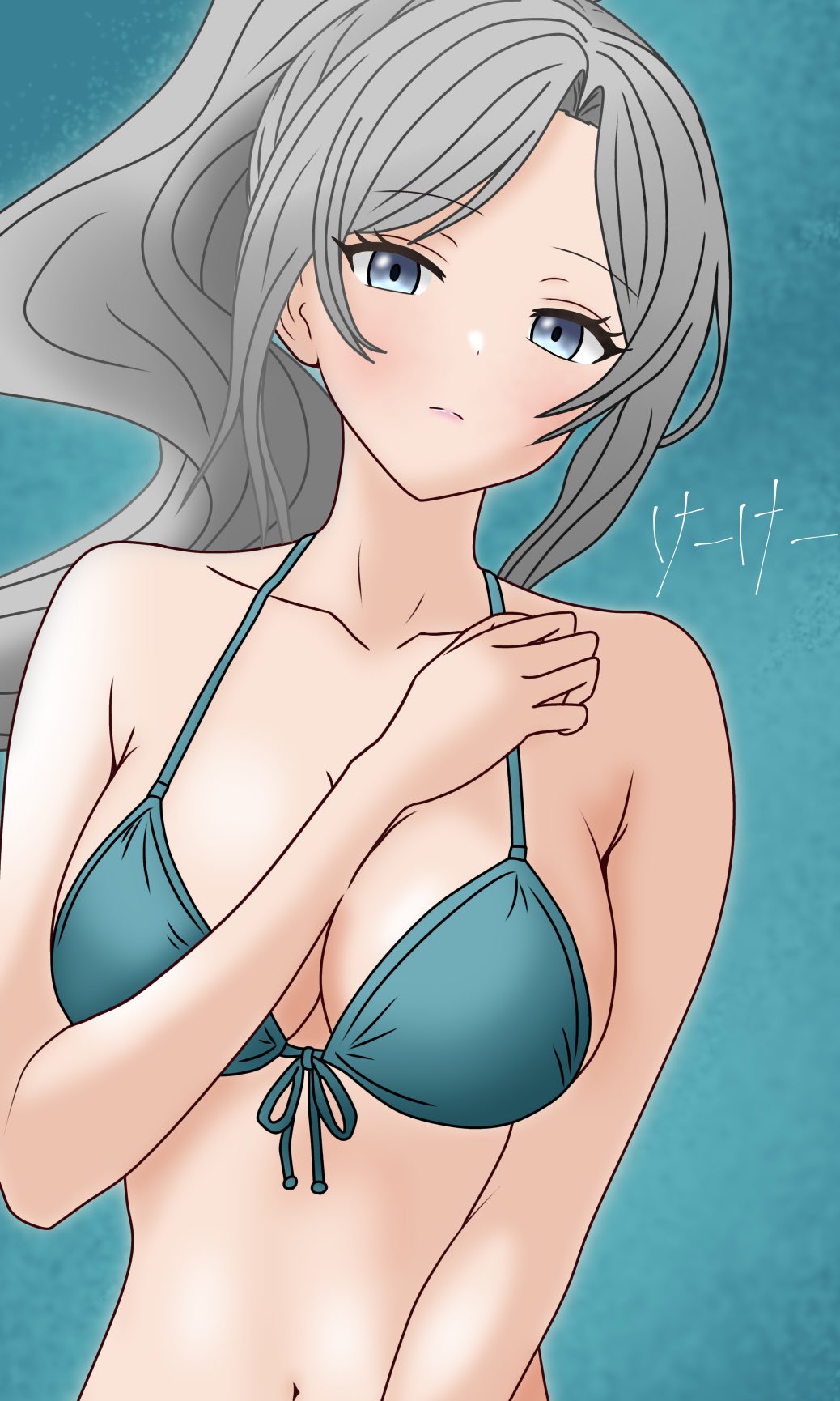 arm_across_chest bikini breasts d4dj japanese_text keekee_(kk_d4ni) looking_at_viewer niijima_ibuki swimsuit watermark