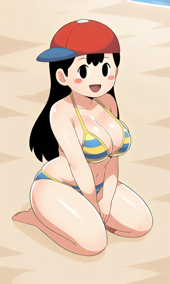 :d ai_generated baseball_cap beach beach_background big_breasts bikini black_hair black_nose blush busty clothed curvy earthbound earthbound_(series) female genderswap_(mtf) kneeling long_hair looking_at_viewer mother_(series) mother_2 ness on_knees pixai red_cap rule_63 sideways_baseball_cap solo striped_bikini super_smash_bros. super_smash_bros._ultimate thick_thighs