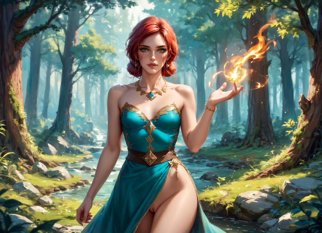 ai_generated collar faajnsmeker female forest green_dress light-skinned_female looking_at_viewer magic pussy red_hair solo the_witcher_(series) the_witcher_3:_wild_hunt triss_merigold