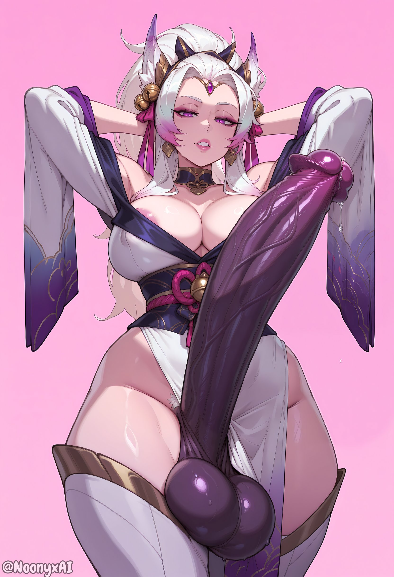 1futa, ai generated, areola slip, areolae, areolae visible through clothing, arms behind head, balls, big balls, big breasts, big penis, breasts, child bearing hips, earrings, futa only, futanari, hair ornament, huge balls, huge breasts, huge cock, hung futa, hyper balls, hyper penis, intersex, league of legends, looking at viewer, looking down, noonyx, penis, pink eyes, precum, precum drip, precum string, pubic hair, spirit blossom series, sweaty balls, thick thighs, veiny penis, white hair, zyra